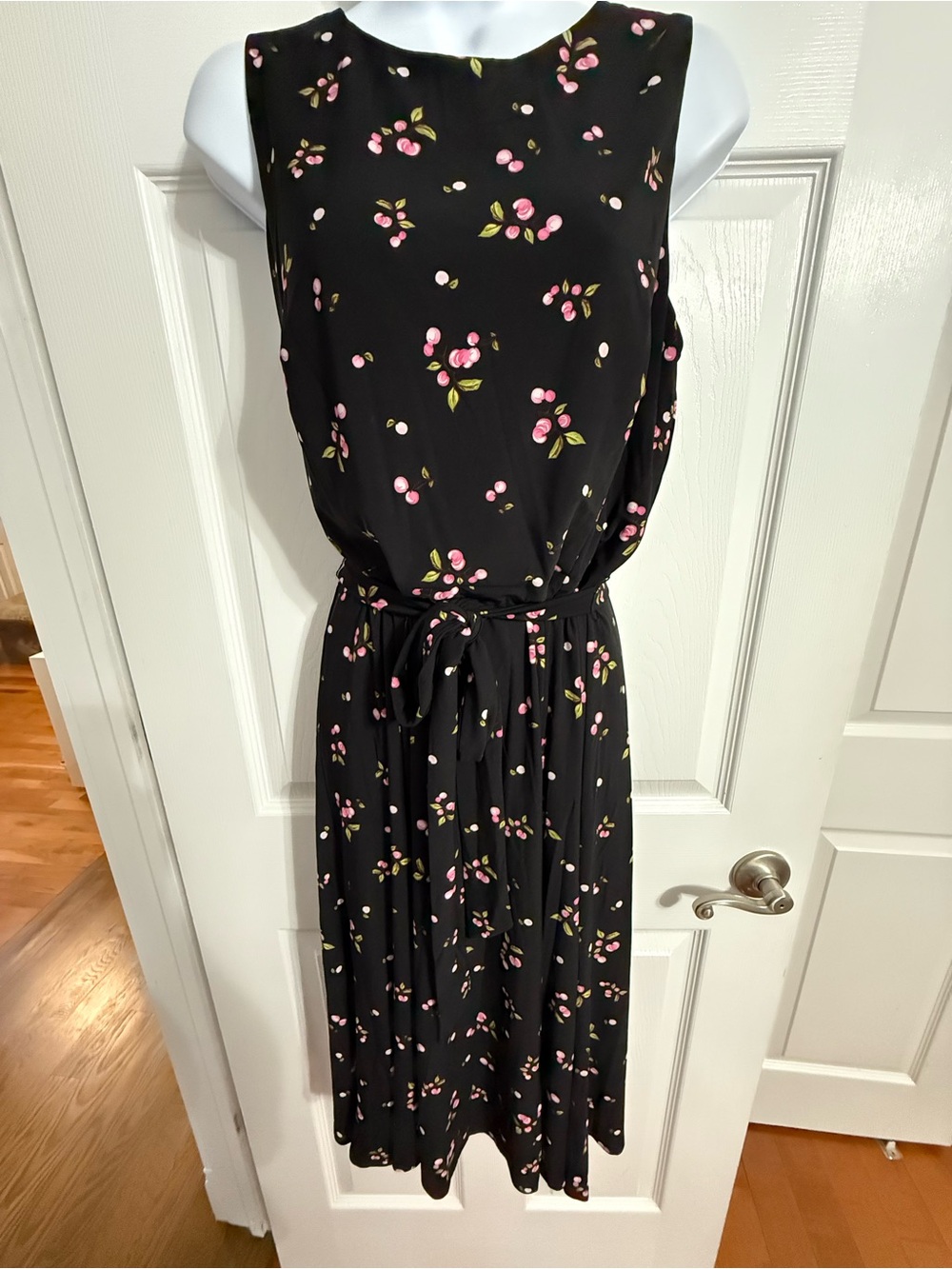 Anne Klein Black Midi Dress with Pink Floral Print and Tie Waist